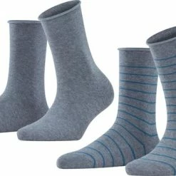 Kopen 🧨 FALKE Happy Stripe 2-Pack Zacht Met Motief Versterkt Hoogwaardig Mid-rise Robuust Ademend Dekkend Set Kort Gestreept Katoen Multipack Grijs Dames Sokken - Maat 35-38 🛒