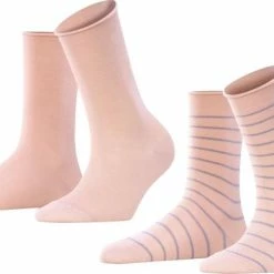 Groothandel 😍 FALKE Happy Stripe 2-Pack Zacht Met Motief Versterkt Hoogwaardig Mid-rise Robuust Ademend Dekkend Set Kort Gestreept Katoen Multipack Roze Dames Sokken - Maat 35-38 🎁