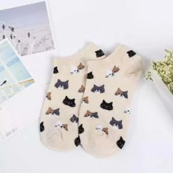 Kopen 👍 Merkloos Enkelsokken Met Kattenkopjes Kleur Beige Unisex Sokken - Kat- Kattensokken Maat 36-41 ✔️